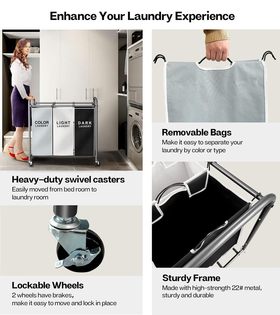 Laundry Sorter Hamper 3 Section, Divided Laundry Basket Organizer