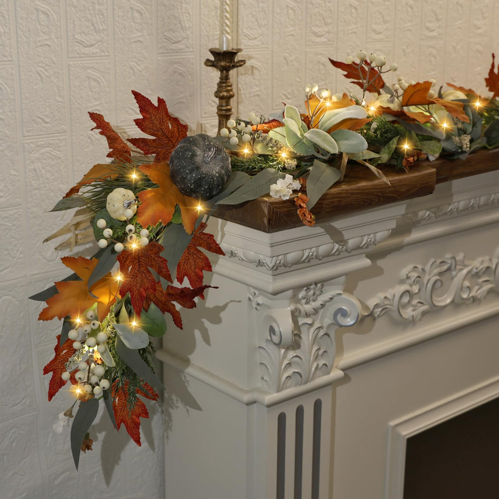 Realistic Fall Garland for Mantle 6 Ft Fall Maple Leaves Garlands with Lights/Timer Pumpkin Garland for Thanksgiving