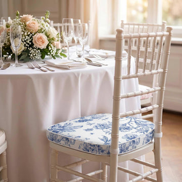 French Toile Ballroom Chair Pad White/Blue 1.5" Thick Memory Foam Seat Cushion with Ties, Removable Cover & Non-Slip