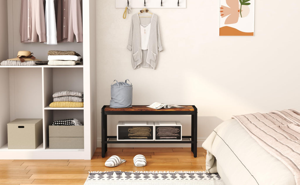 Shoe Bench, Modern Industrial Shoe Storage Bench, Entryway Bench with Mesh Shelf and Sturdy Metal Frame, Metal Shoe
