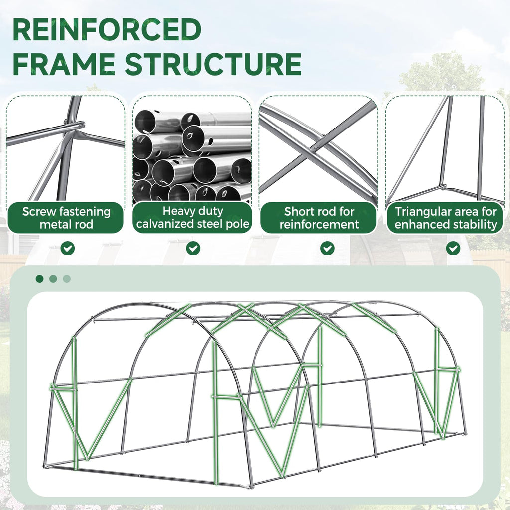 20*10*7FT Walk-in Tunnel Greenhouse, Galvanized Steel, White