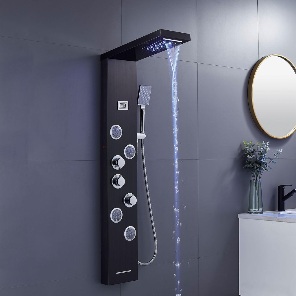 5-in-1 LED Shower Panel Tower System Stainless Steel Black