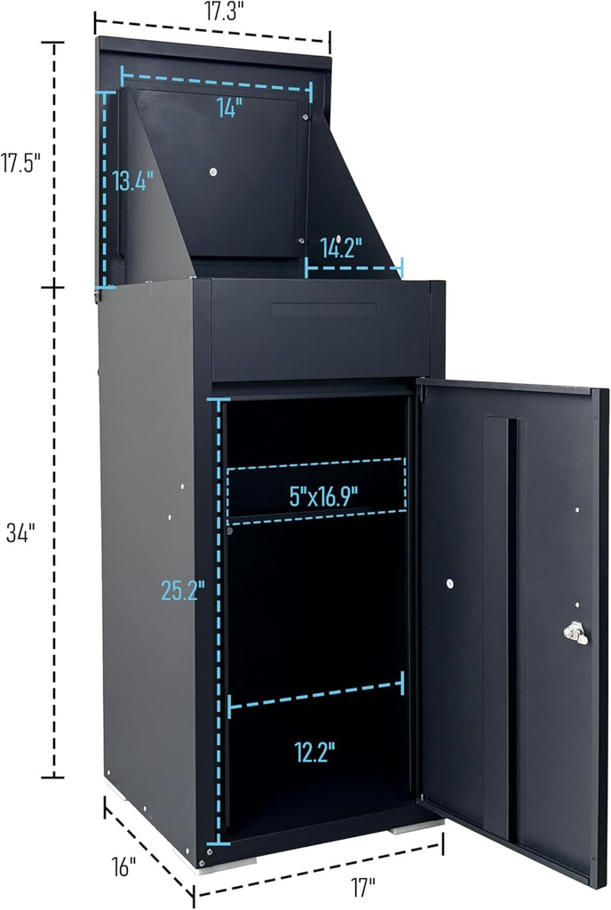 Lockable Package Delivery Box Rolled Steel Parcel Drop Box with Mail Slot, Anti-Theft Large Mailbox (16"x17"x34")