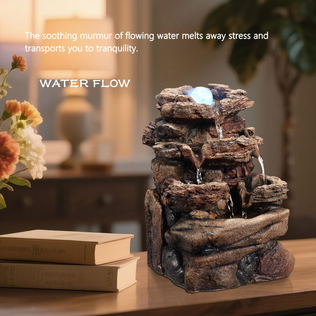 Tabletop Waterfall Fountain with Glass Ball and Color Changing LED - Indoor Decorative Waterfall, Resin Natural