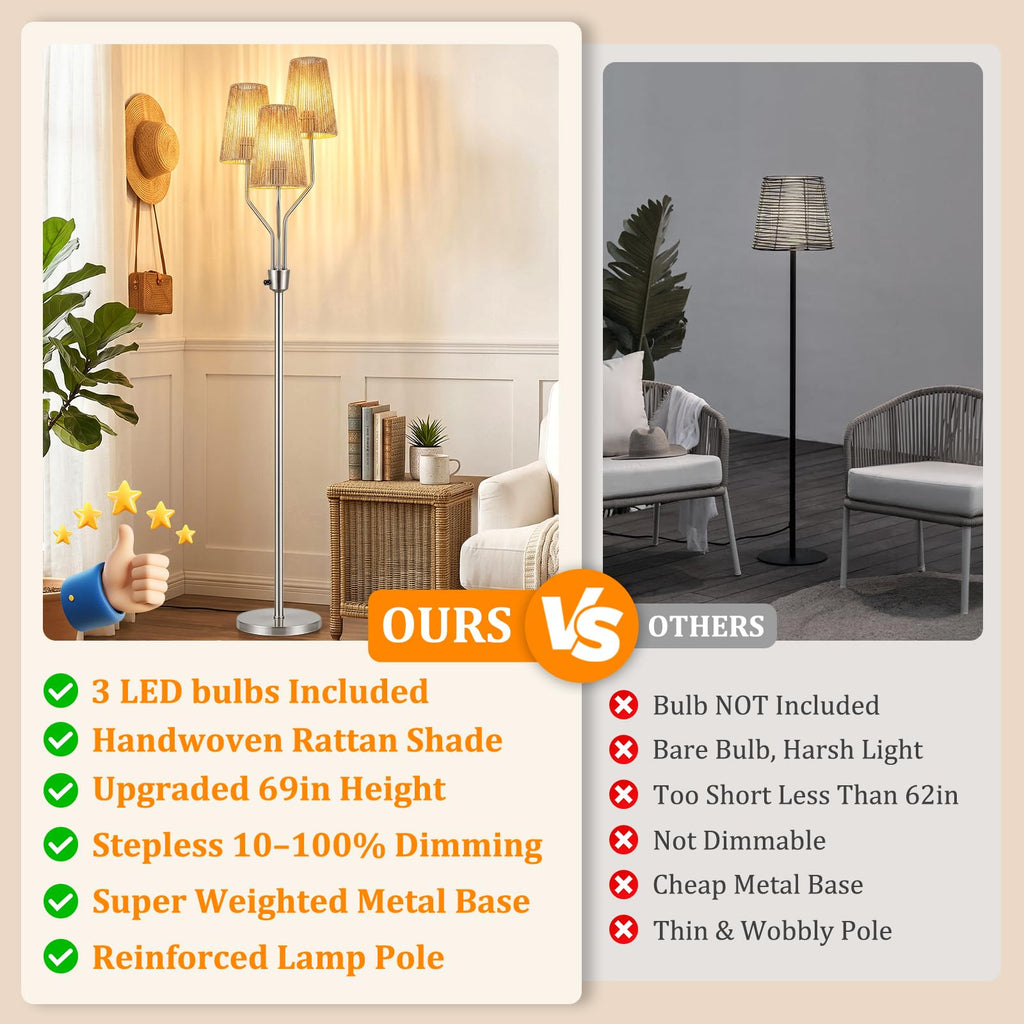 Boho Floor Lamp, Farmhouse Rattan 3-Light Floor Lamp