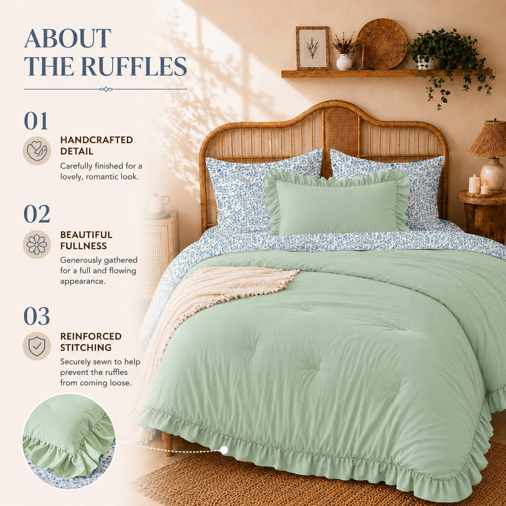 Comforter Set 7 Pieces Mint Green Ruffle Bedding Set