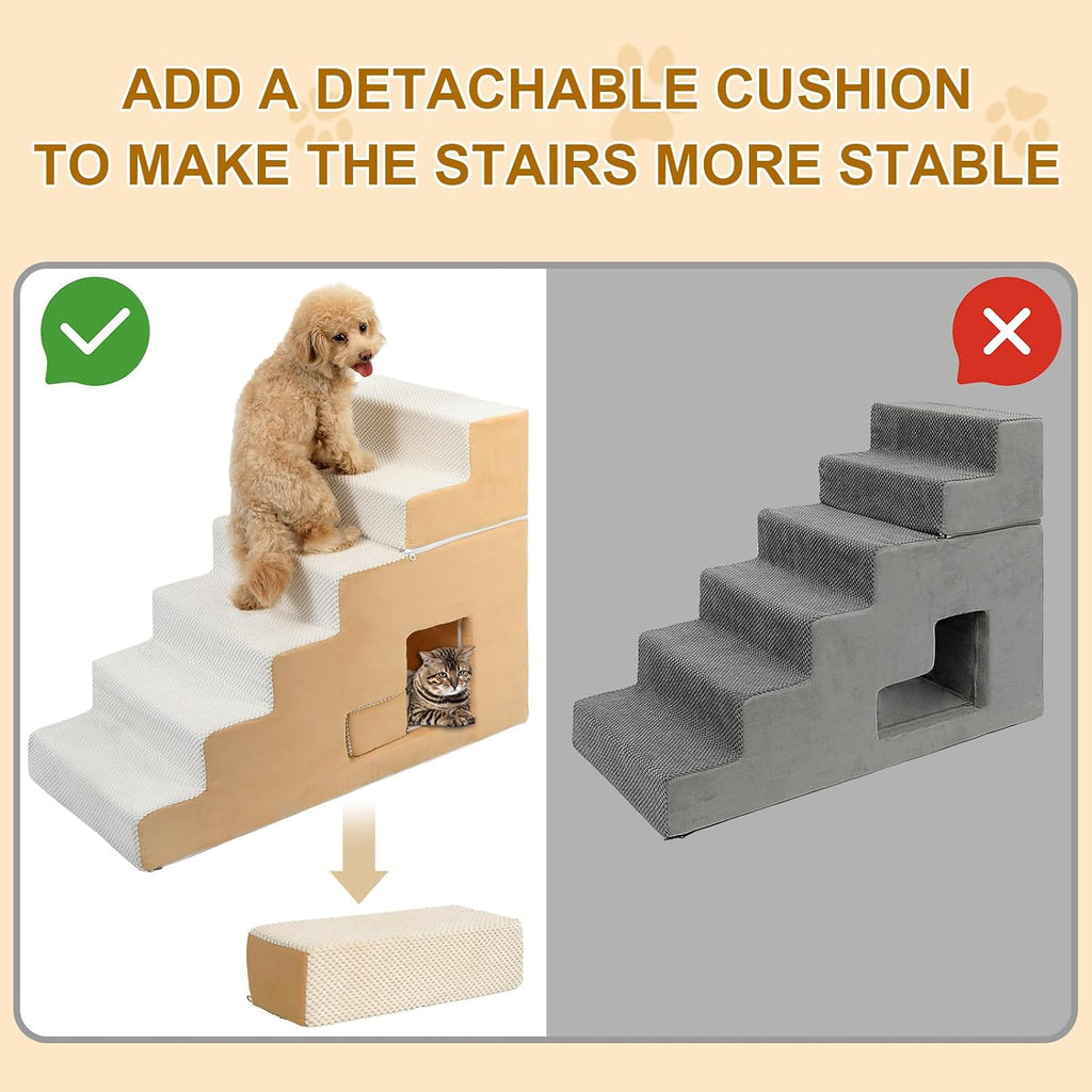 Dog Stairs for Small Dogs 27"H, 6-Step Dog Steps for High Bed, High-Density Foam Pet Stairs with Non-Slip Removable