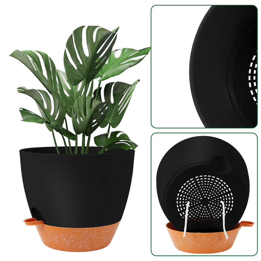 12 Inch Self Watering Planters, 2 Pack, Black