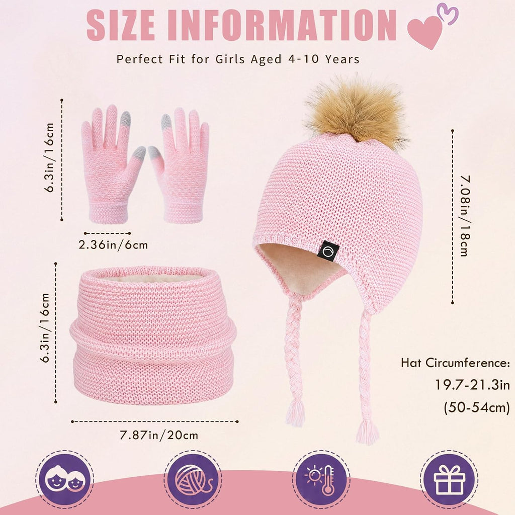 Kids Winter Hat Gloves Scarf Set Warm Earflaps Soft Fleece Lined