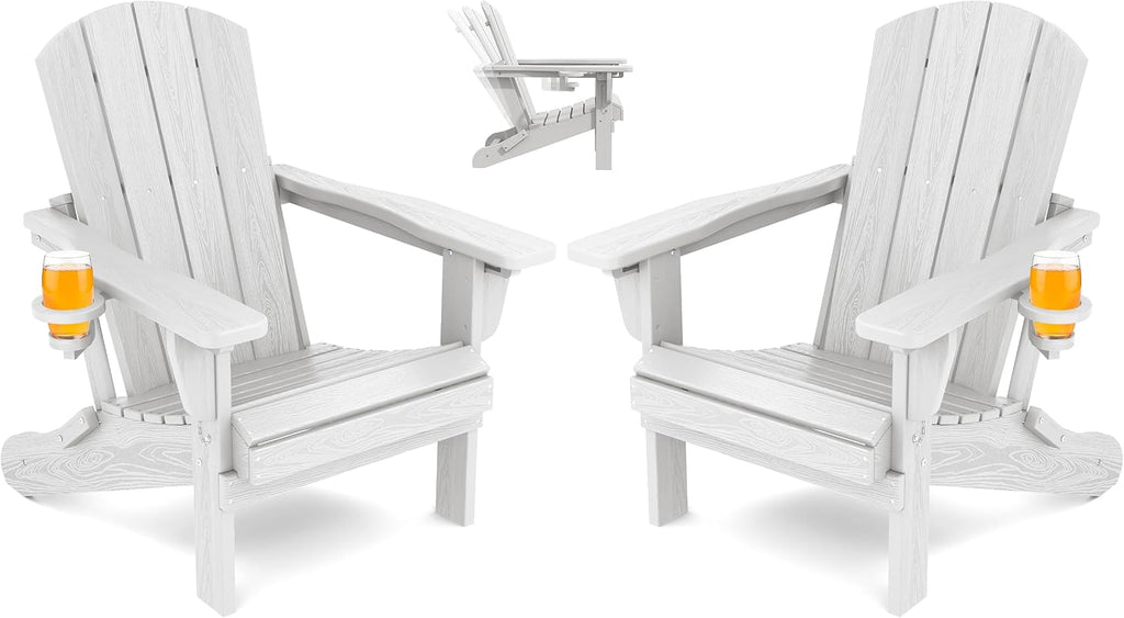 Folding Adjustable Adirondack Chairs Set of 2, Cup Holders, White | Adirondack Chair with 3 Recline Positions, All
