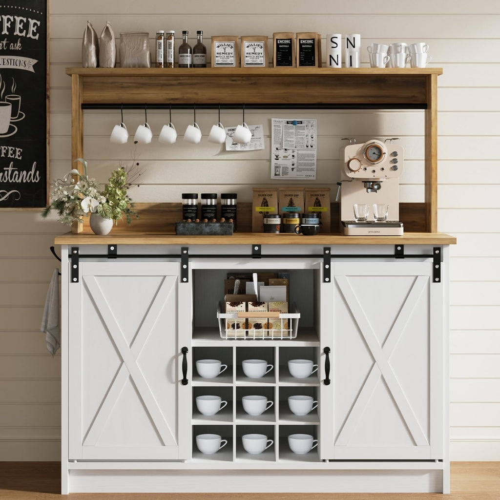 47" Farmhouse Coffee Bar Cabinet with Storage Hutch, White