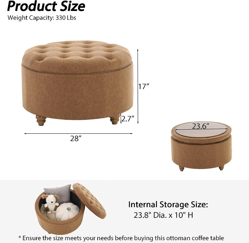 28" Faux Leather Round Storage Ottoman Coffee Table with Tray, Brown