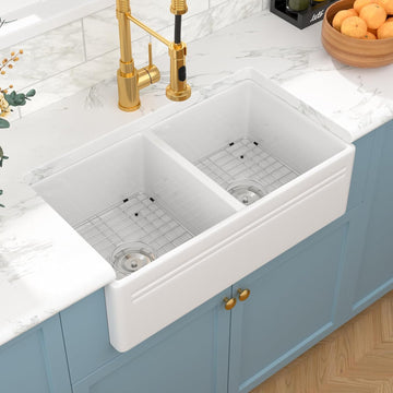 33 White Farmhouse Sink Double Bowl - 33x18 Inch Kitchen Sink Apron Front Double Bowl 50/50 White Porcelain Ceramic