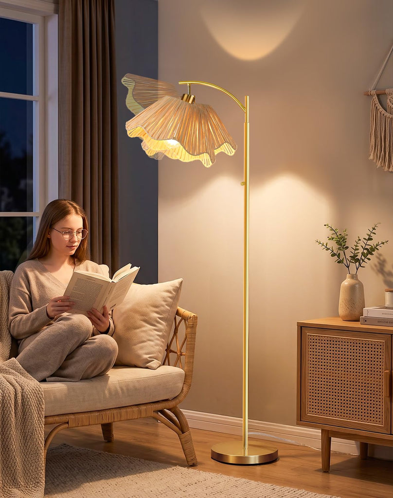 Arc Floor Lamp, Rattan Boho Floor Lamp with Hand-Woven Raffia Shade, Stepless Dimmable Rotary Switch, 63" Gold