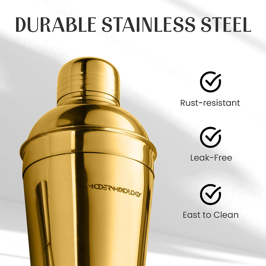 Cocktail Shaker Set - Bartender Kit with Pine Stand | Leak-Proof Design | Includes Martini Shaker, Jigger, Strainer - Set of 8