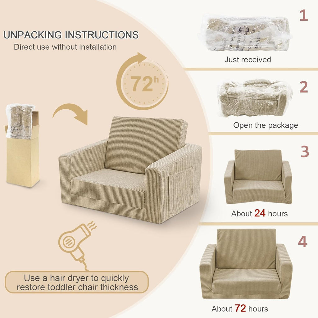In-1 Kids Chair and Couch, Cozy Corduroy Kids Sofa, Beige