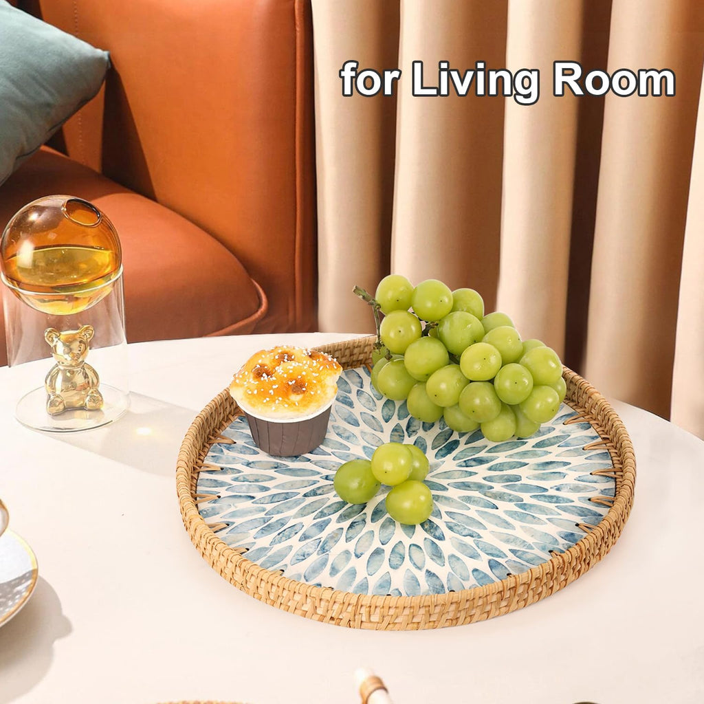 Round Rattan Tray with Mother of Pearl Inlay, Rattan Serving Tray for Coffee, Bread, Fruits, Decorative Wicker Tray
