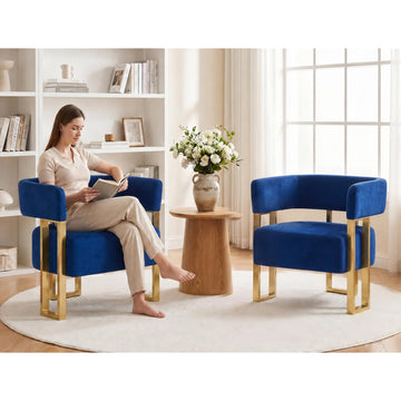 Modern Accent Chairs Set of 2, Barrel, Navy Blue Velvet, Gold Leg