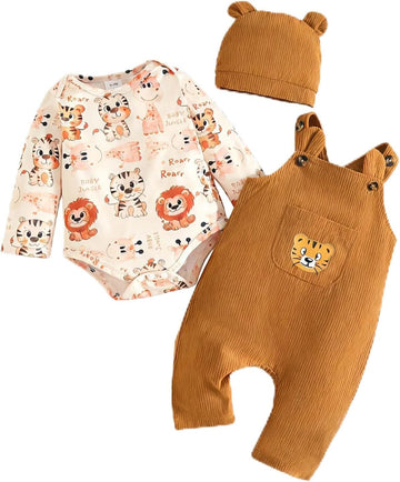 Baby Boys Piece Jungle Animal Outfit Long Sleeve Onesie + Corduroy Overalls + Bear Ear Hat Set