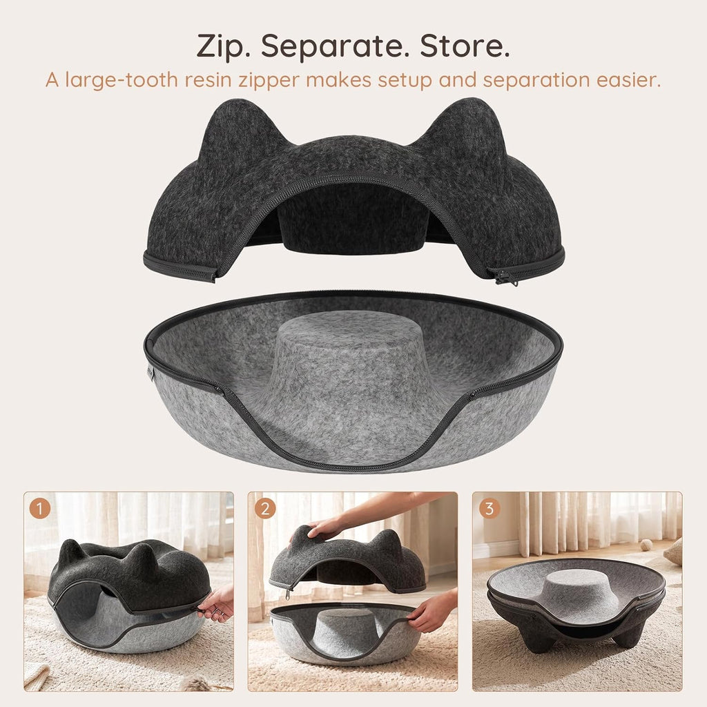 Large Felt Cat Cave, Cat Donut Tunnel Scratcher Bed (Grey)