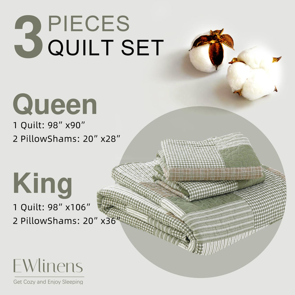 100% Cotton Quilts, Patchwork Plaid Quilt Bedding Set for All Season, Farmhouse Bedspreads Coverlet