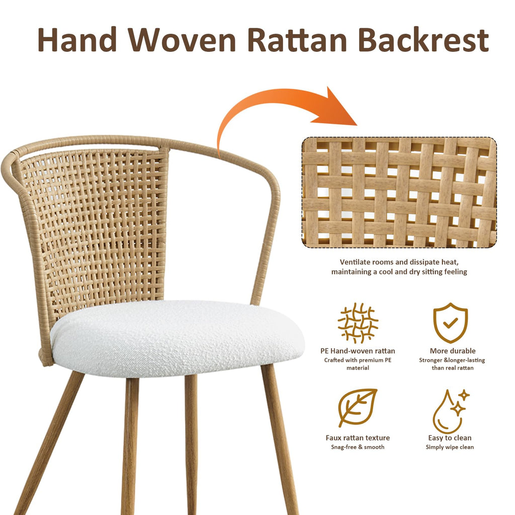 Rattan Dining Chairs, Upholstered Boucle Cushion with PE Cane Wing Back Kitchen Chair, Modern Dining Room Chair with