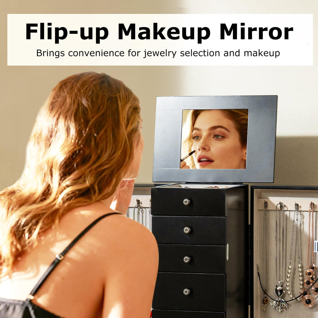 Standing Jewelry Cabinet Armoire with Top Flip Mirror, Jewelry Box Chest with 4 Drawers, Top Compartments, 8 Necklace