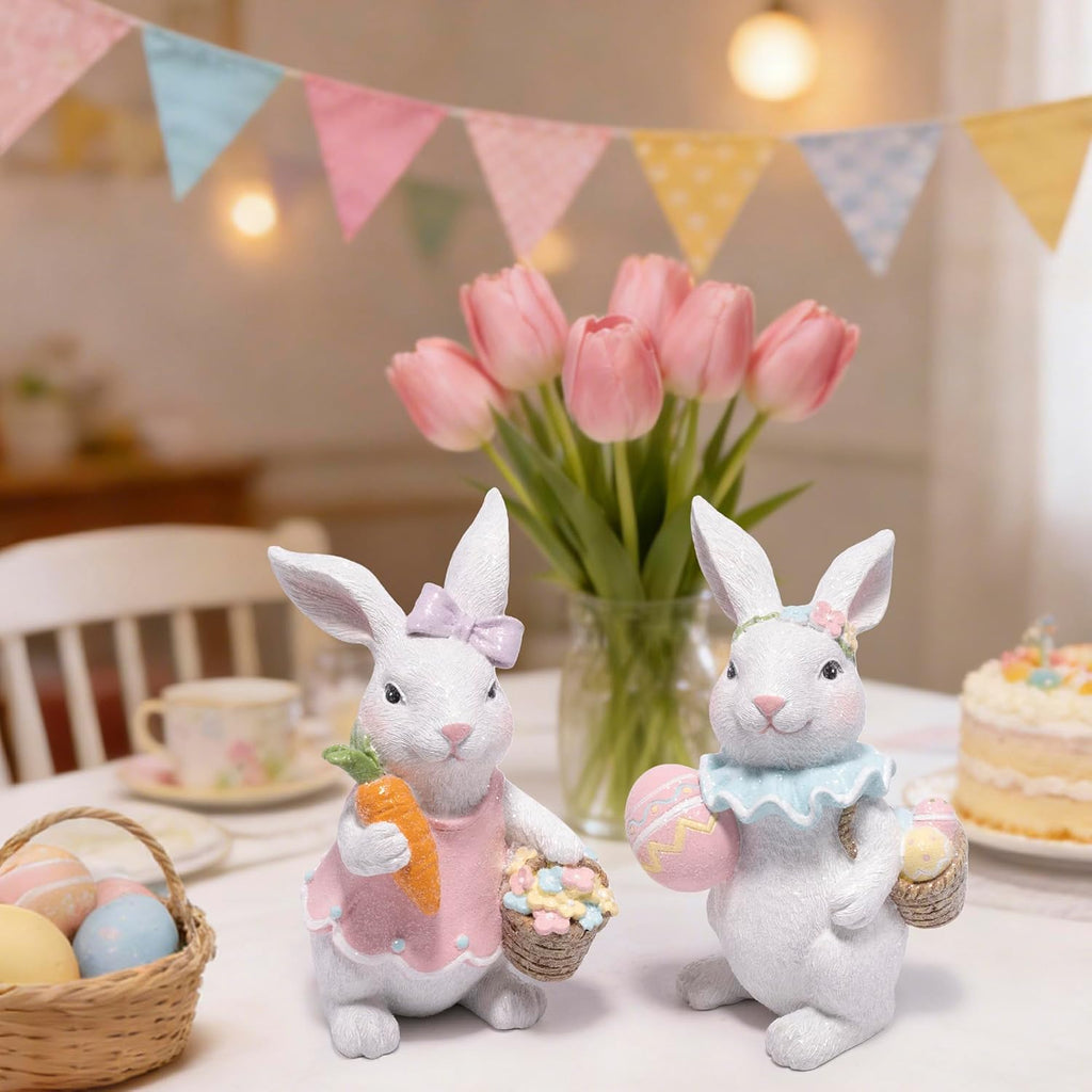 Easter Bunny Figurines Set, Spring Rabbit Decor with Easter Eggs Basket, Floral Wreath Bunny Statues, Tabletop Home - Set of 2