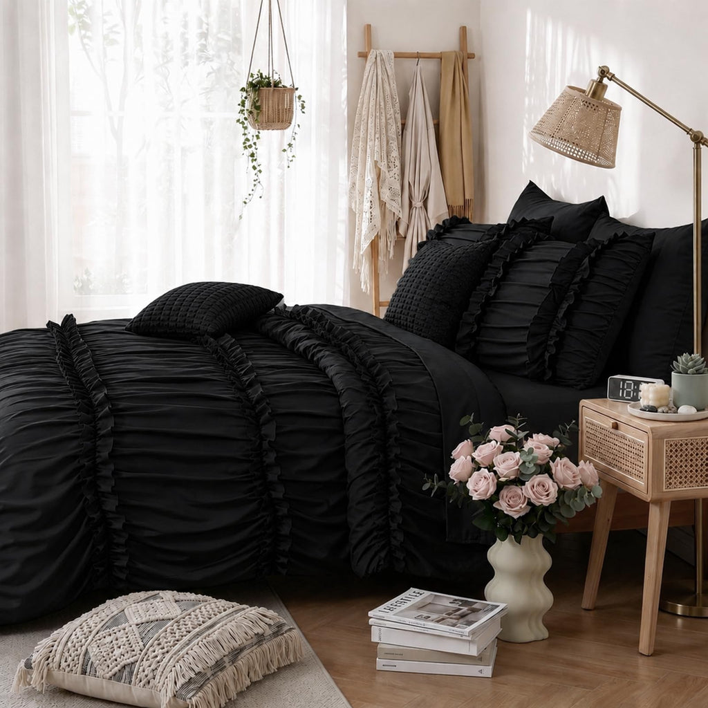 Ruffle Comforter Set, Ruched Bed in a Bag, 7-Piece, Black