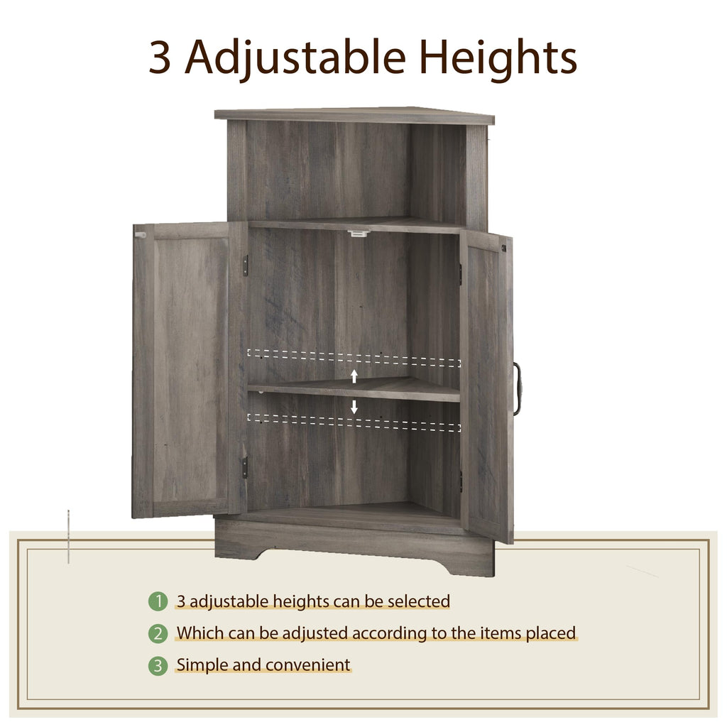 Bathroom Corner Storage Cabinet, Farmhouse Floor Corner Cabinet with Barn Door and Adjustable Shelf, Wash Grey Narrow