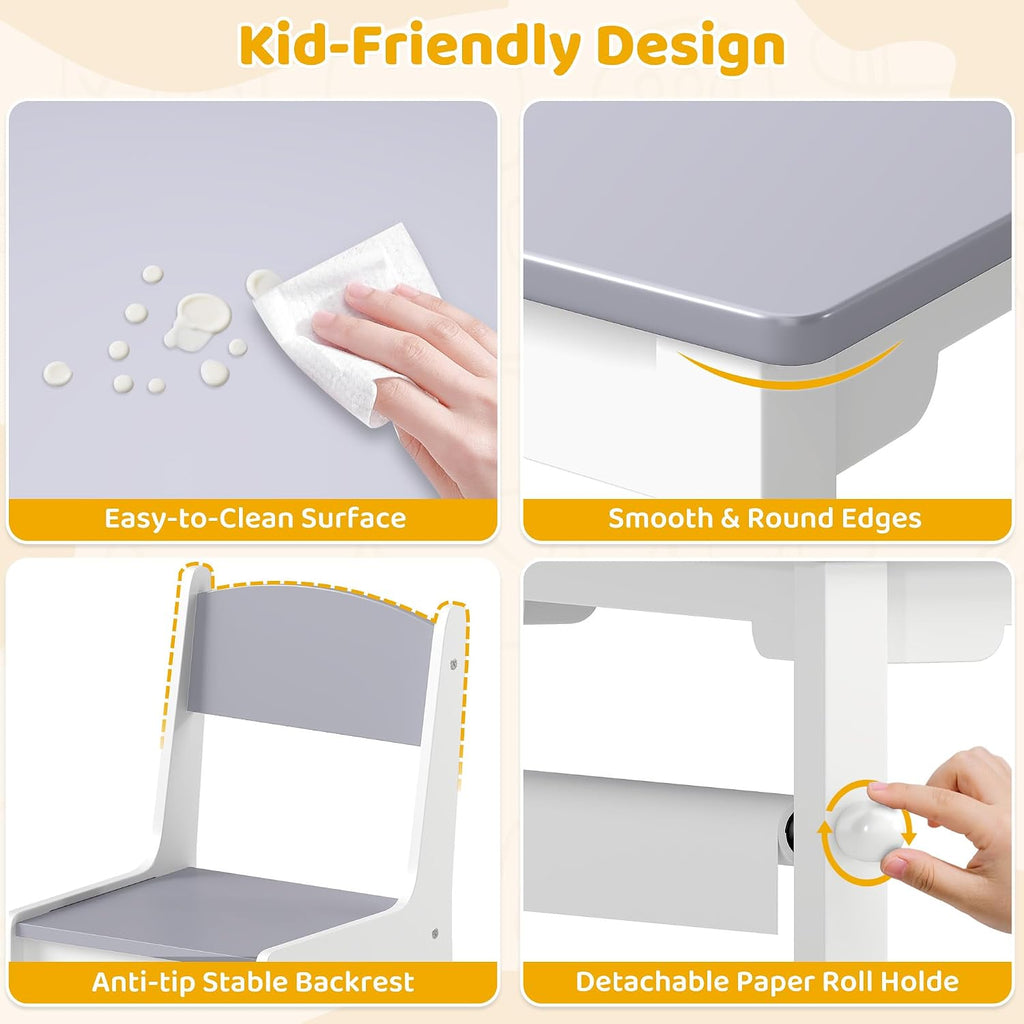 Kids Art Table & Chair Set, Wood w/Storage & Paper Roll, Grey