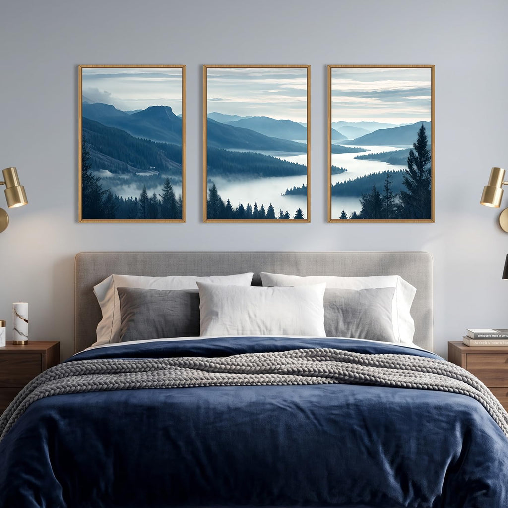 Large Pine Tree Mountain River Framed Canvas Wall Art Set-16"x24"x3