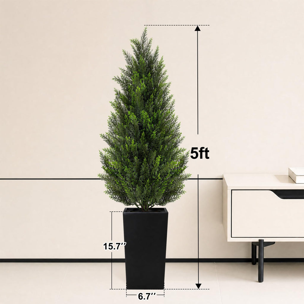 5FT Artificial Cedar Topiary Trees 2 Pack, Realistic Faux Cypress Trees with Square Black Planter Pot, UV Resistant