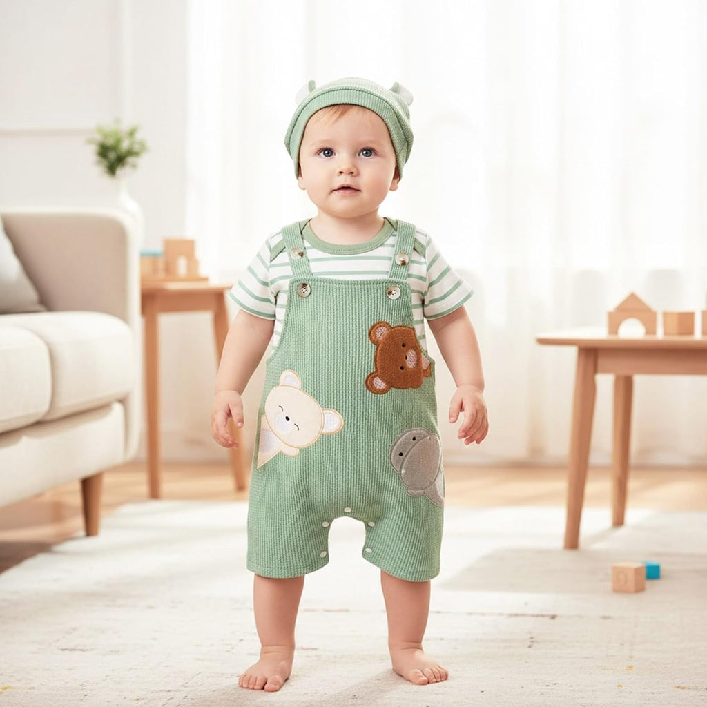 Baby Boy Clothes Newborn Striped Romper Bear Overall Hat Set