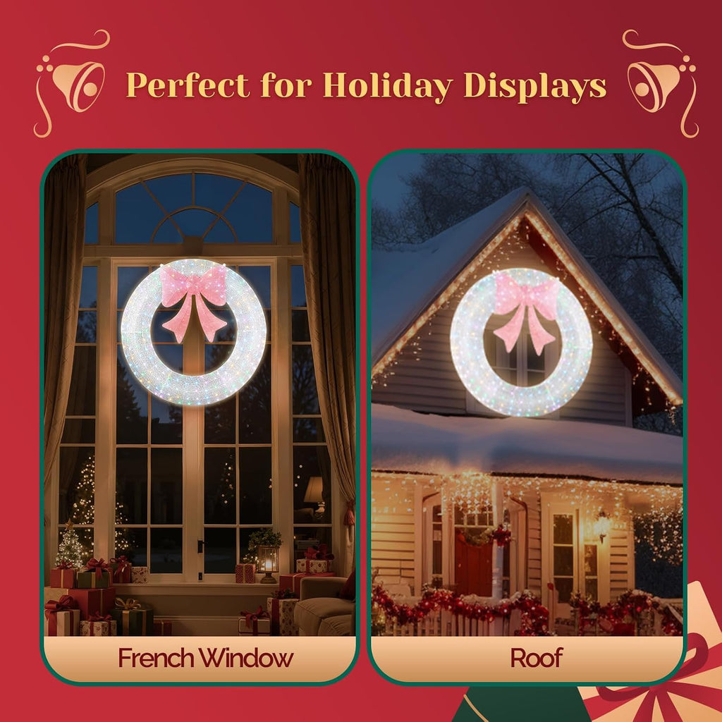 60IN Prelit Outdoor Christmas Wreath Decoration, Large Silver Lighted Metal Front Door Garland with Pink Bow, 280 RGB