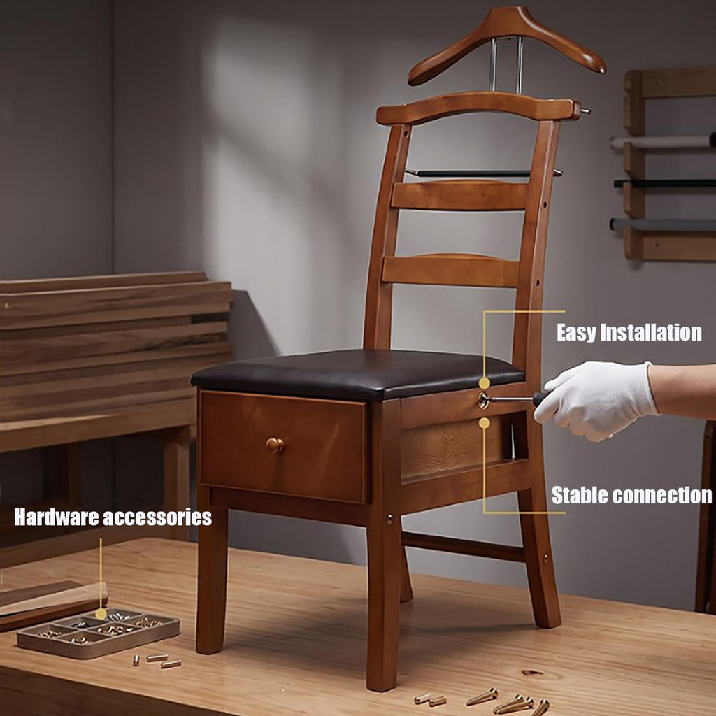 Wooden Chair Valet Stand with Contour Hanger and Drawer