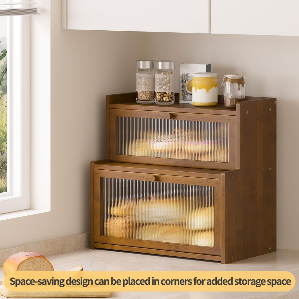 Double Layer Bamboo Counter,Bread Holder,Countertop Bread Storage with Window (Brown)
