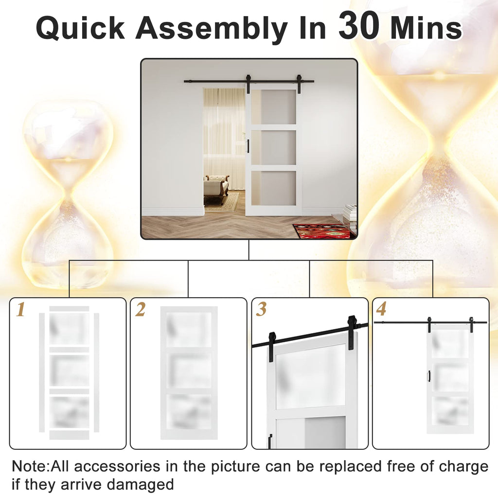 Frosted 3 Panel Glass Sliding Barn Door 42''×84'' Barn Door, Hardware Kit Included, Assembly Needed, Water-Proof PVC