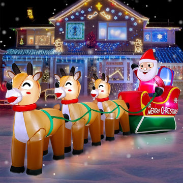 12 Feet Long Christmas Inflatables Santa Claus with Three Reindeer Built-in LED Lights, Blow Up Christmas Outdoor