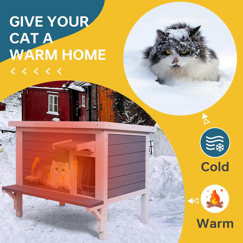 Outdoor Cat House, Weatherproof Shelter for Ferrel Cats, Dogs, Small Pets, Wooden Small Cage with Elevated Floor, PVC