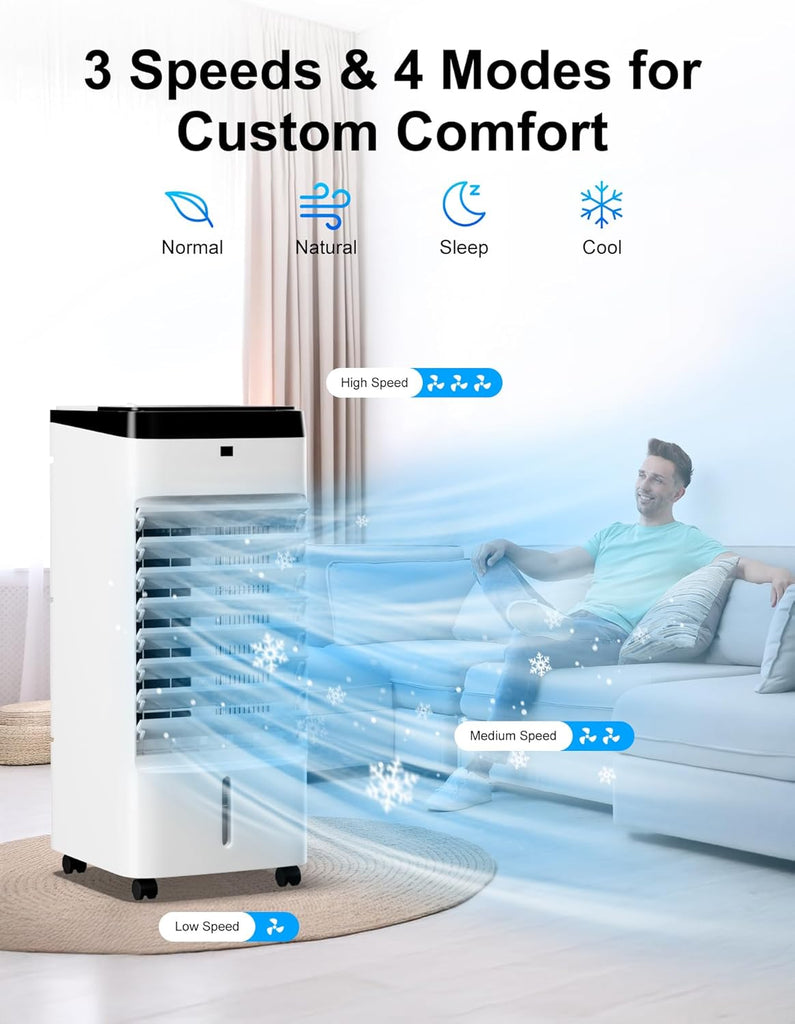 Portable Air Conditioners, 3 IN 1 Evaporative Air Cooler with Detachable Water Tank, 6 Ice Packs, 12H Timer