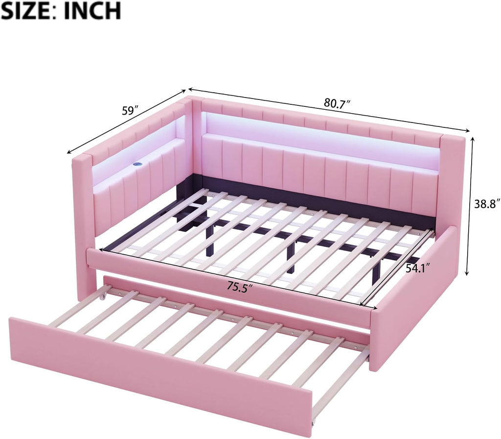 Full Size Upholstered Daybed with Trundle for Kids Bedroom,Super Cute Wooden Bedframe w/Led & USB Ports Design,Easy
