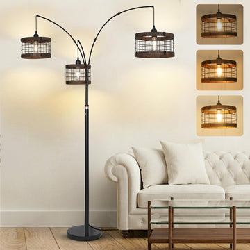3-Lights Vintage Wood Floor Lamps, Black Arc Floor Lamp, Industrial Standing Lamp, Dimmable Tall Lamp, Arched