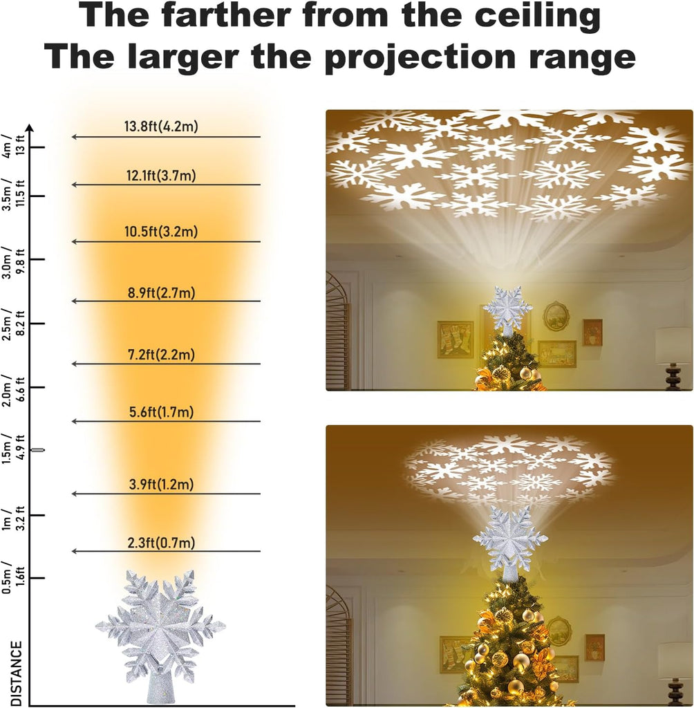 Snowflake Tree Toppers with LED Rotating Lights, Silver