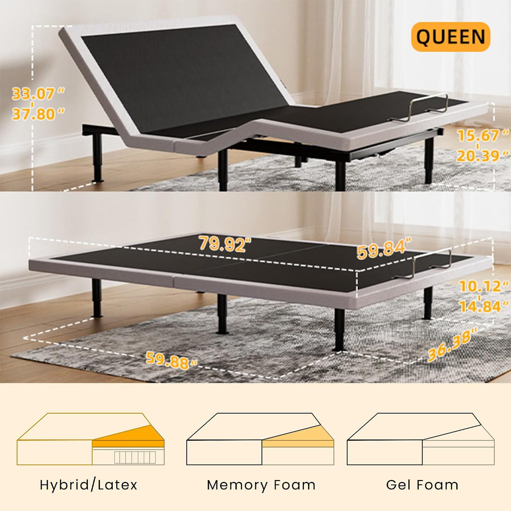Queen Adjustable Bed Frame with Wireless Remote, Head Foot Incline, USB, Underbed Light - Heavy Duty Platform, Zero