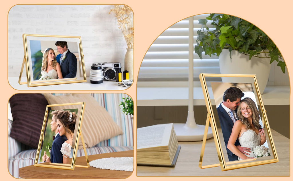 Gold 8x10 Floating Frame 2 Pack, For Photo Sizes(4x6'', 5x7'', 6x8'') Adjustable Tabletop/Shelf Floating Picture Frame