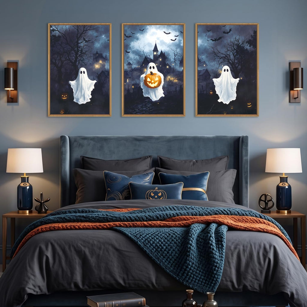Large Spooky Halloween Framed Canvas Wall Art Set, Funny Ghost and Pumpkin Wall Decor, Eerie Night Castle Scene