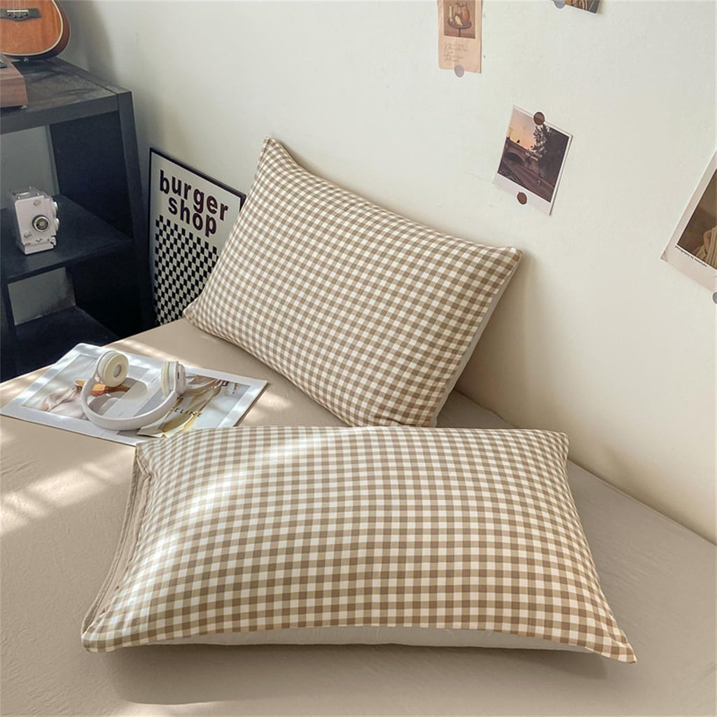 Gingham Duvet Cover Queen Brown Tan Plaid Checkered Comforter Cover Grid Farmhouse Bedding Set 3 Pcs Soft Breathable