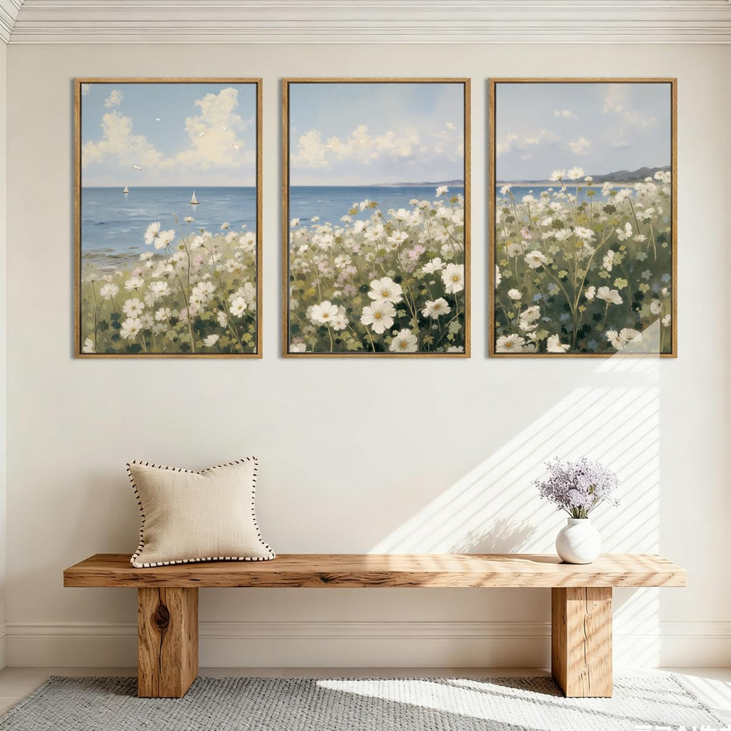 Large Farmhouse Flower Framed Wall Art 16x24 Inch Coastal Wildflower Canvas Wall Decor Modern Landscape Painting