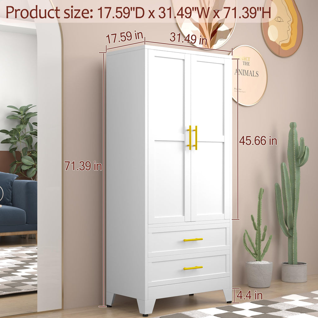 Metal Armoire Wardrobe Closet with 2 Drawers, 71" Wardrobe Cabinet with Adjustable Shelves and Hanging Rod, Clothing